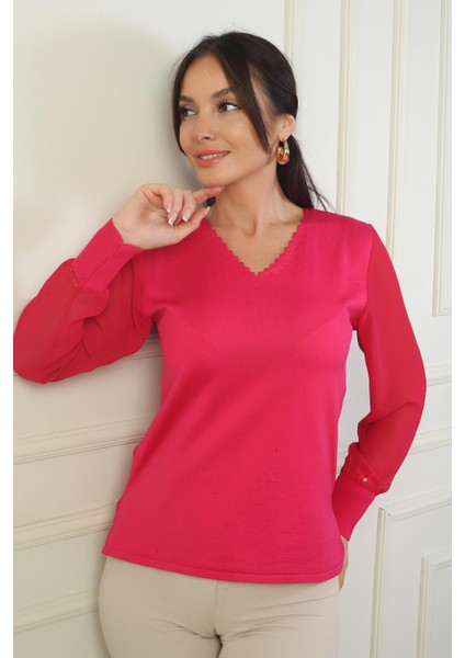Kadın Merdiven V Yaka Kolları Şifon Kazak
