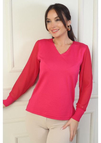 Kadın Merdiven V Yaka Kolları Şifon Kazak fiyatları
