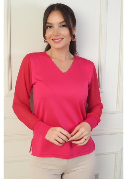 Kadın Merdiven V Yaka Kolları Şifon Kazak modelleri