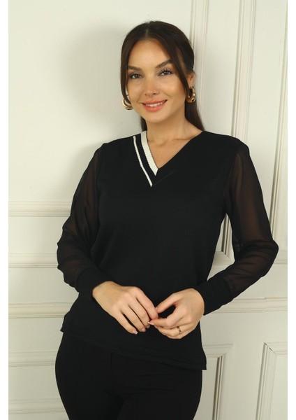 Kadın V Yaka Yarısı Şeritli Kolları Şifon Kazak fiyatları