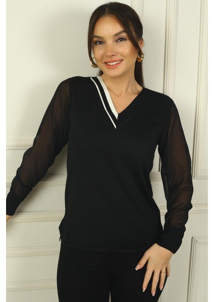 Kadın V Yaka Yarısı Şeritli Kolları Şifon Kazak modelleri