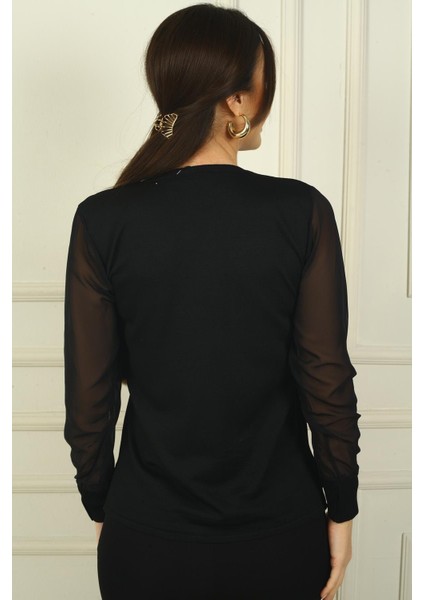 Kadın V Yaka Yarısı Şeritli Kolları Şifon Kazak fırsatları