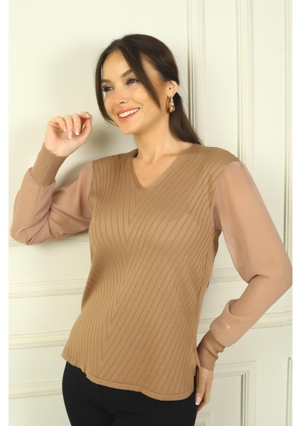 Kadın Kolları Şifon V Yaka Kazak