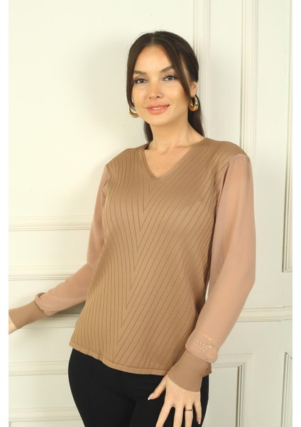 Kadın Kolları Şifon V Yaka Kazak fiyatları
