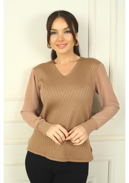 Kadın Kolları Şifon V Yaka Kazak modelleri