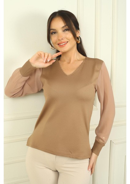 Kadın Merdiven V Yaka Kolları Şifon Kazak