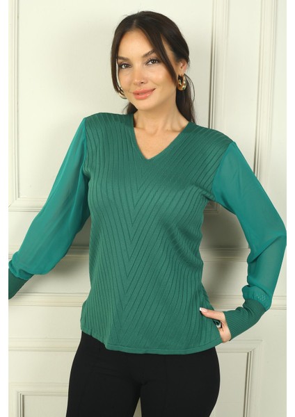 Kadın Kolları Şifon V Yaka Kazak fiyatları