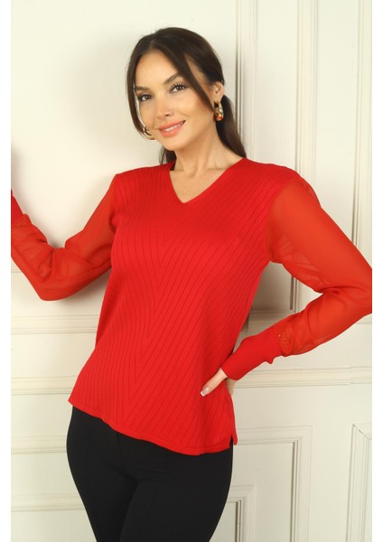 Kadın Kolları Şifon V Yaka Kazak