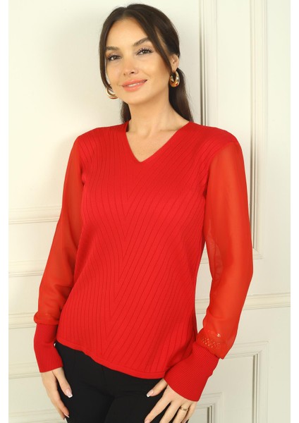 Kadın Kolları Şifon V Yaka Kazak fiyatları