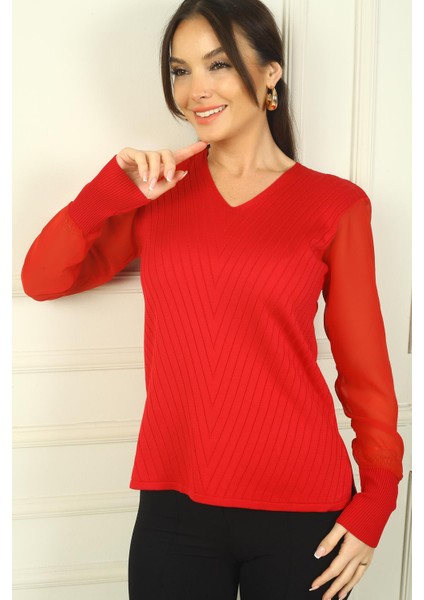 Kadın Kolları Şifon V Yaka Kazak modelleri