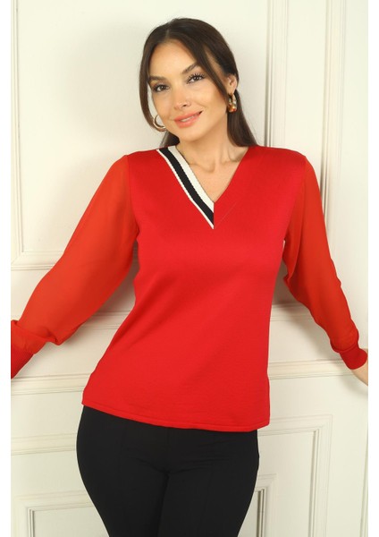 Kadın V Yaka Yarısı Şeritli Kolları Şifon Kazak