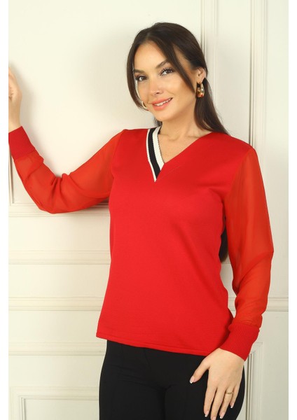 Kadın V Yaka Yarısı Şeritli Kolları Şifon Kazak fiyatları