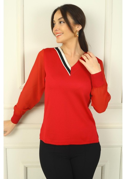 Kadın V Yaka Yarısı Şeritli Kolları Şifon Kazak modelleri