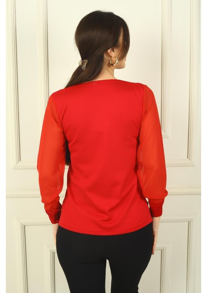 Kadın V Yaka Yarısı Şeritli Kolları Şifon Kazak fırsatları