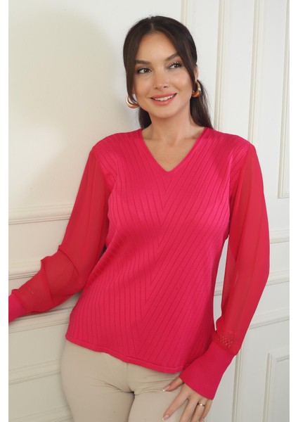 Kadın Kolları Şifon V Yaka Kazak