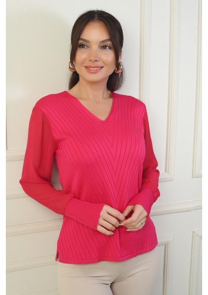 Kadın Kolları Şifon V Yaka Kazak fiyatları