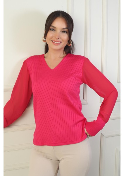 Kadın Kolları Şifon V Yaka Kazak modelleri