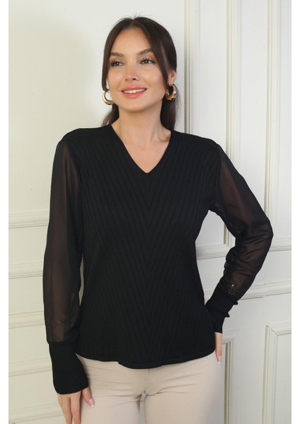 Kadın Kolları Şifon V Yaka Kazak