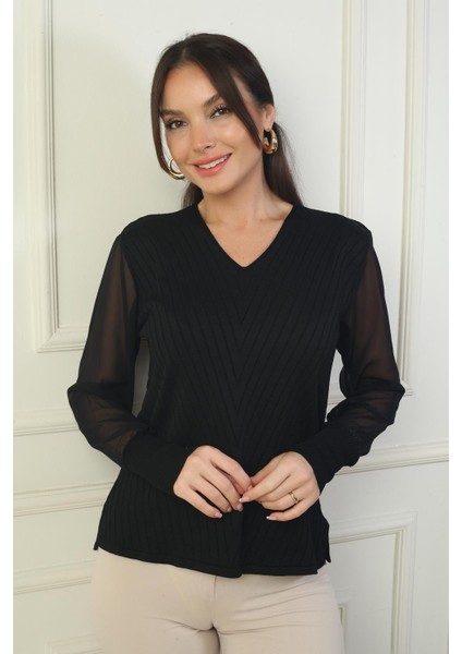 Kadın Kolları Şifon V Yaka Kazak modelleri