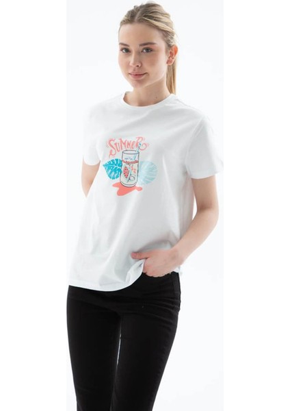 Baskılı Pamuklu Beyaz Kadın T-Shirt 25Y0400K1