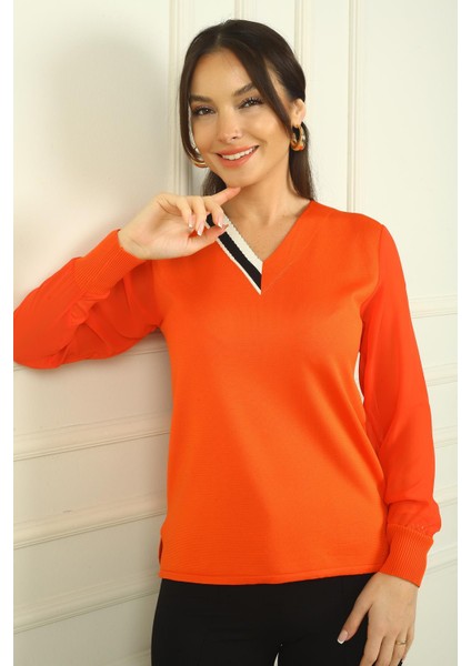 Kadın V Yaka Yarısı Şeritli Kolları Şifon Kazak modelleri