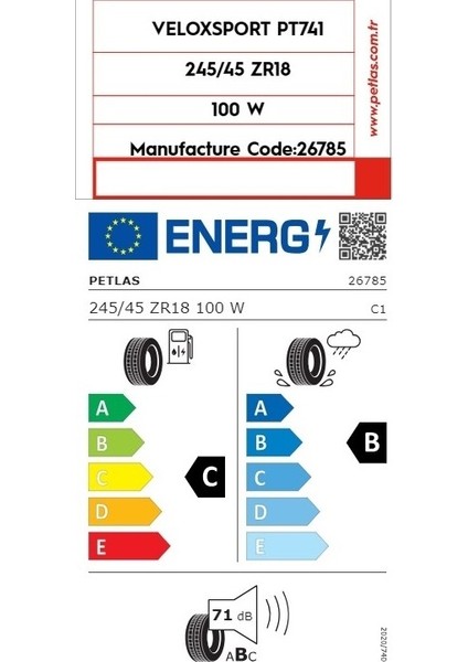 245/45 R18 100W Reinf Veloxsport PT741 Oto Yaz Lastiği (Üretim Yılı:2025) fiyatları