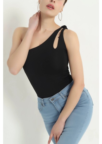 Tek Kol Omuz Detaylı Önü Yarım Çift Katlı Bodysuit