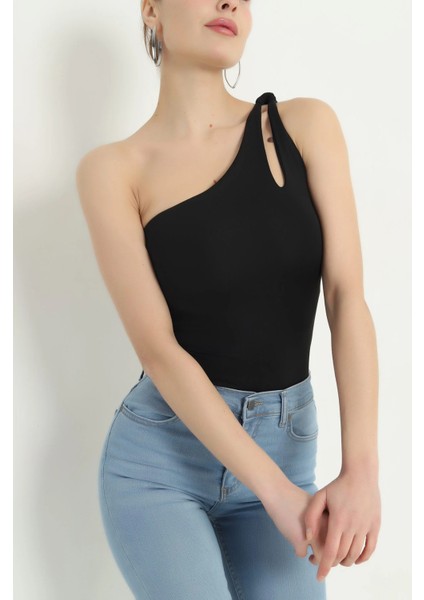 Tek Kol Omuz Detaylı Önü Yarım Çift Katlı Bodysuit
