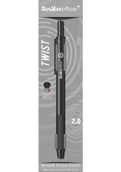 Twist Mekanik Kurşun Kalem 2.0mm Gizlenebilir Uçlu Mat Siyah