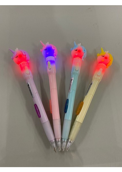 4'lü Unicorn Başlıklı Işıklı Versatil Uçlu Kalem Seti Yandan Basmalı