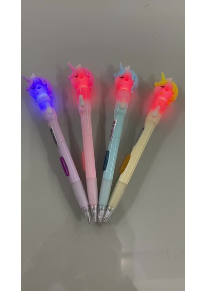 4'lü Unicorn Başlıklı Işıklı Versatil Uçlu Kalem Seti Yandan Basmalı