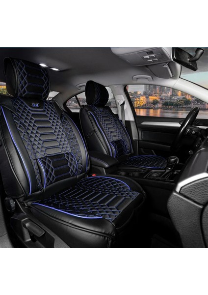 honda Civic Uyumlu Yarı Deri Oto Koltuk Kılıfı Tam 5li Set Mars Siyah-Mavi Renk