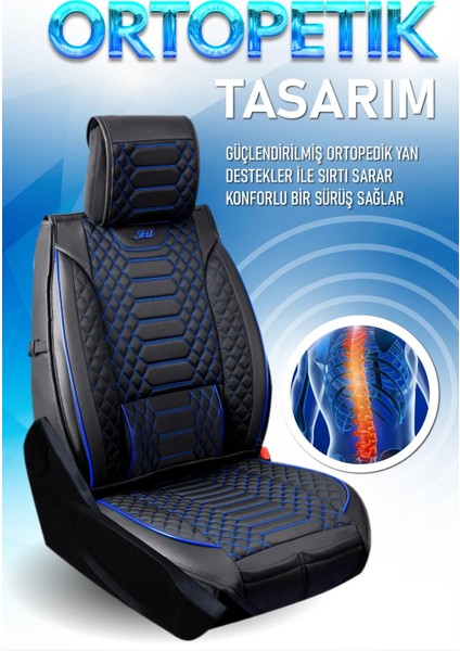 fiat Albea Uyumlu Yarı Deri Oto Koltuk Kılıfı Tam 5li Set Mars Siyah-Mavi Renk