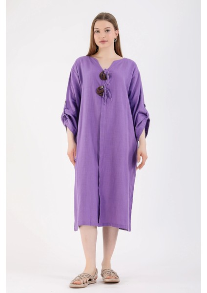 Süs Patlı Tokalı Keten Elbise-Mor
