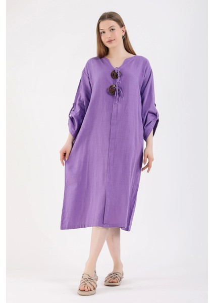 Süs Patlı Tokalı Keten Elbise-Mor fiyatları
