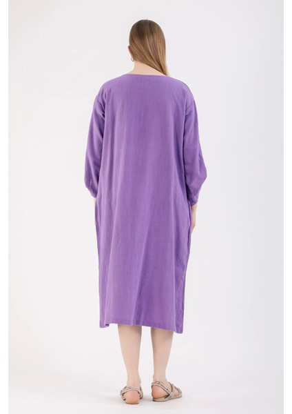 Süs Patlı Tokalı Keten Elbise-Mor modelleri