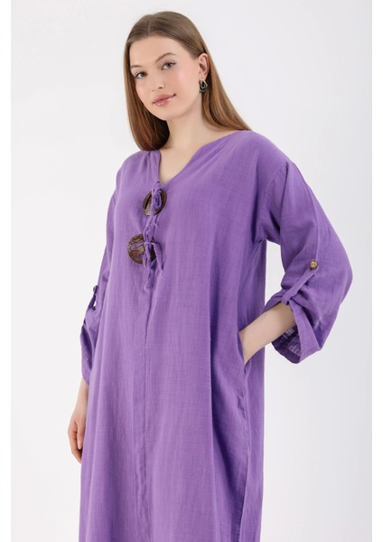 Süs Patlı Tokalı Keten Elbise-Mor fırsatları