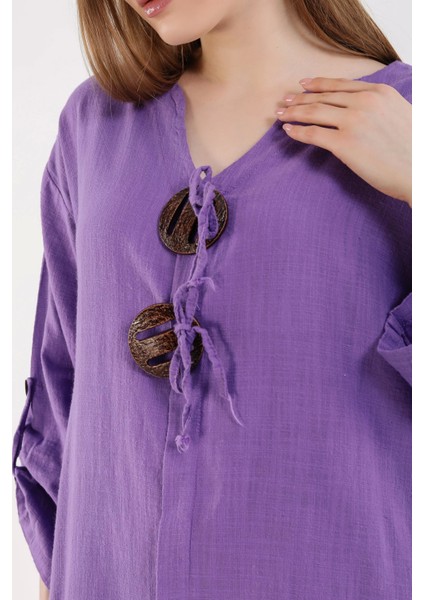 Süs Patlı Tokalı Keten Elbise-Mor indirimleri