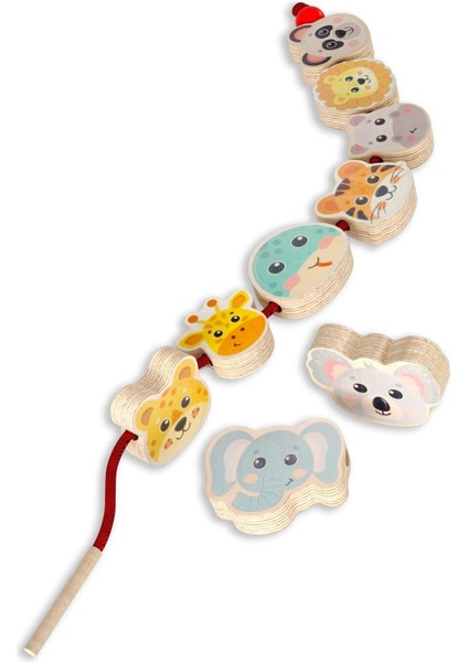 ahşap Hayvan Desenli Ipe Dizme Oyunu Eğitici Montessori Oyuncak1 Adet