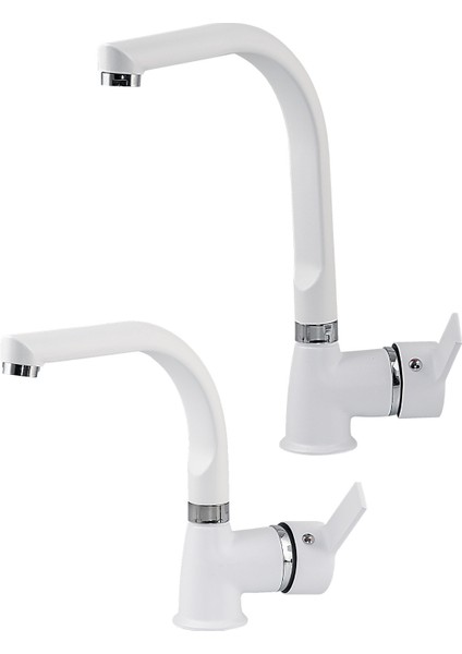 Lahza Beyaz Set Evye Mutfak Bataryası Lavabo Banyo Bataryası Delta Kol Beyaz Şık Takım