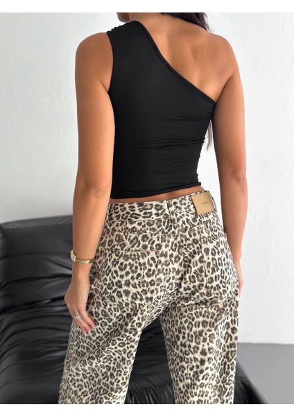 Kadın Siyah Omuz Detaylı Crop Bluz