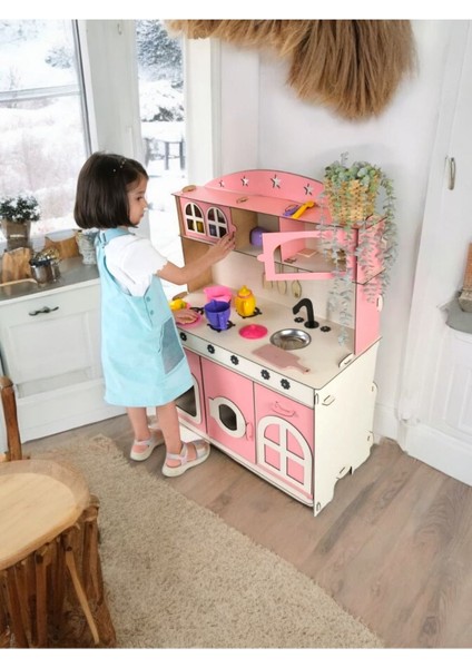 oyuncak Mutfak, 3mm Büyük Boy Pembe Ahşap Oyuncak Mutfak, Mutfak Seti Oyuncak1 Adet