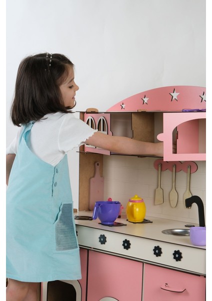 oyuncak Mutfak, 3mm Büyük Boy Pembe Ahşap Oyuncak Mutfak, Mutfak Seti Oyuncak1 Adet