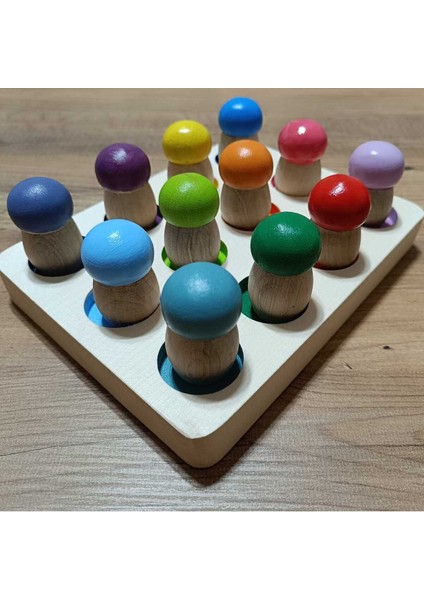 waldorf Gökkuşağı Mantar Peg Bebek ve Tabla Eşleştirme 12 Li Insan Figürleri1 Adet