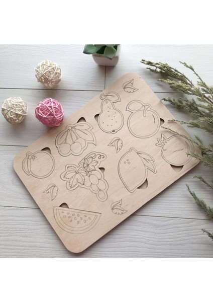 montessori Boyanabilir 3'lü Puzzle Seti Hayvanlar Meyveler ve Sebzeler Doğal Ahşap1 Adet