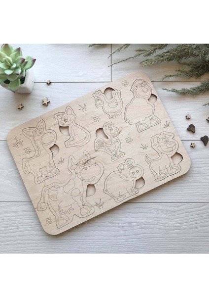 montessori Boyanabilir 3'lü Puzzle Seti Hayvanlar Meyveler ve Sebzeler Doğal Ahşap1 Adet