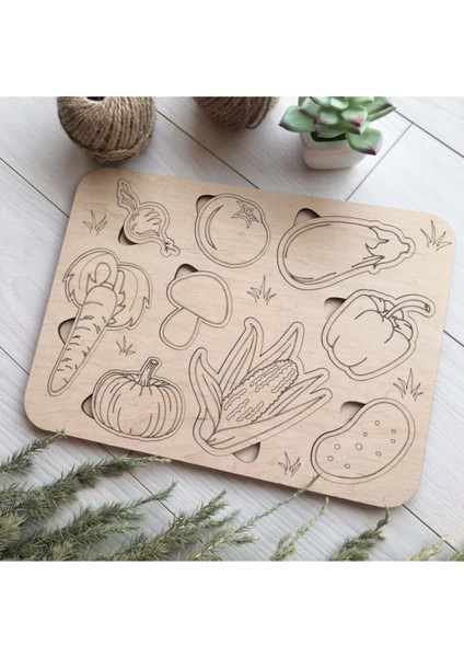 montessori Boyanabilir 3'lü Puzzle Seti Hayvanlar Meyveler ve Sebzeler Doğal Ahşap1 Adet