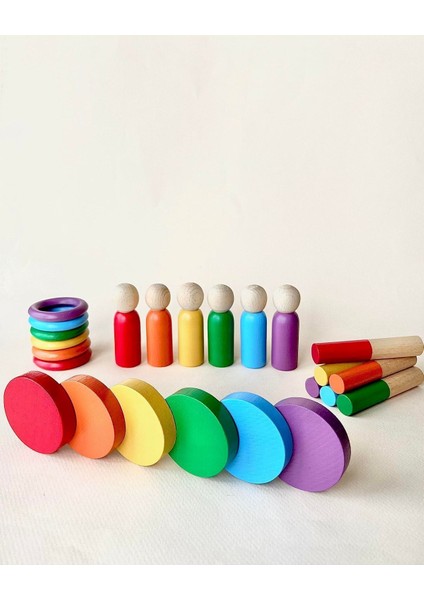 doğal Ahşap Oyuncak Waldorf Renkli Peg Bebek Halka Daire Çubuk Montessori Eğitici Oyun Seti1 Adet