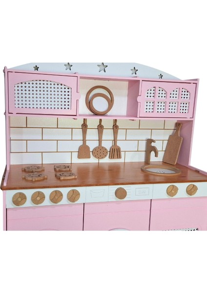pembe Mutfak Hazeranlı Ahşap Budak Desenli 9 Parça Servis Seti1 Adet