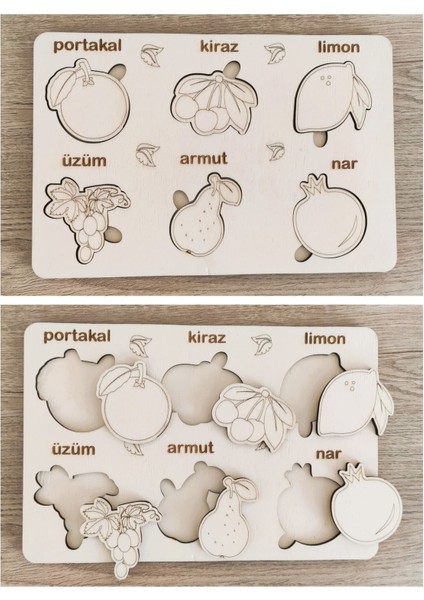 montessori Eğitici Boyanabilir Ahşap Tak Cıkar Puzzle Oyuncak 3 Lü Set,hayvanlar,yapraklar,meyveler1 Adet